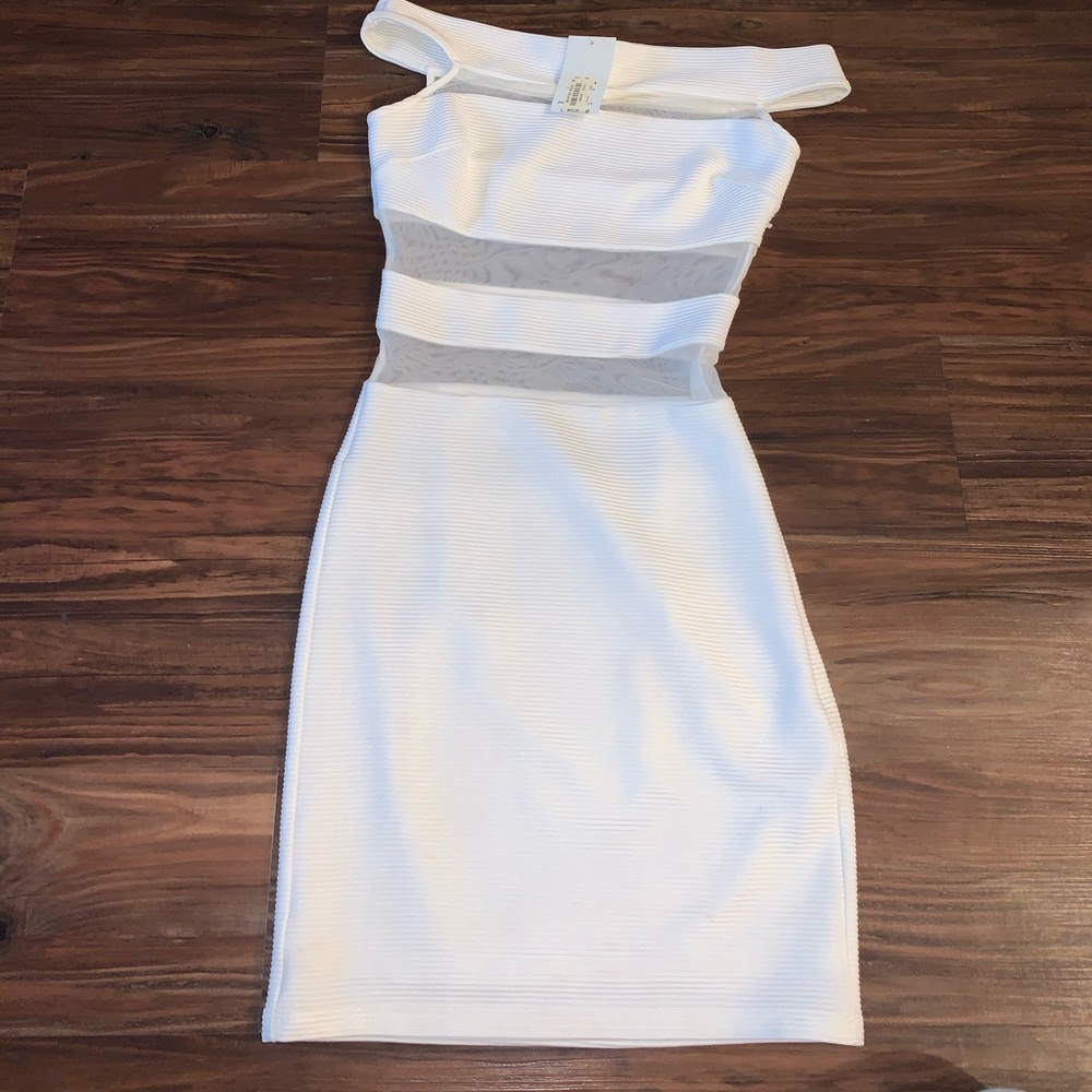 White off shoulder body con mesh dress